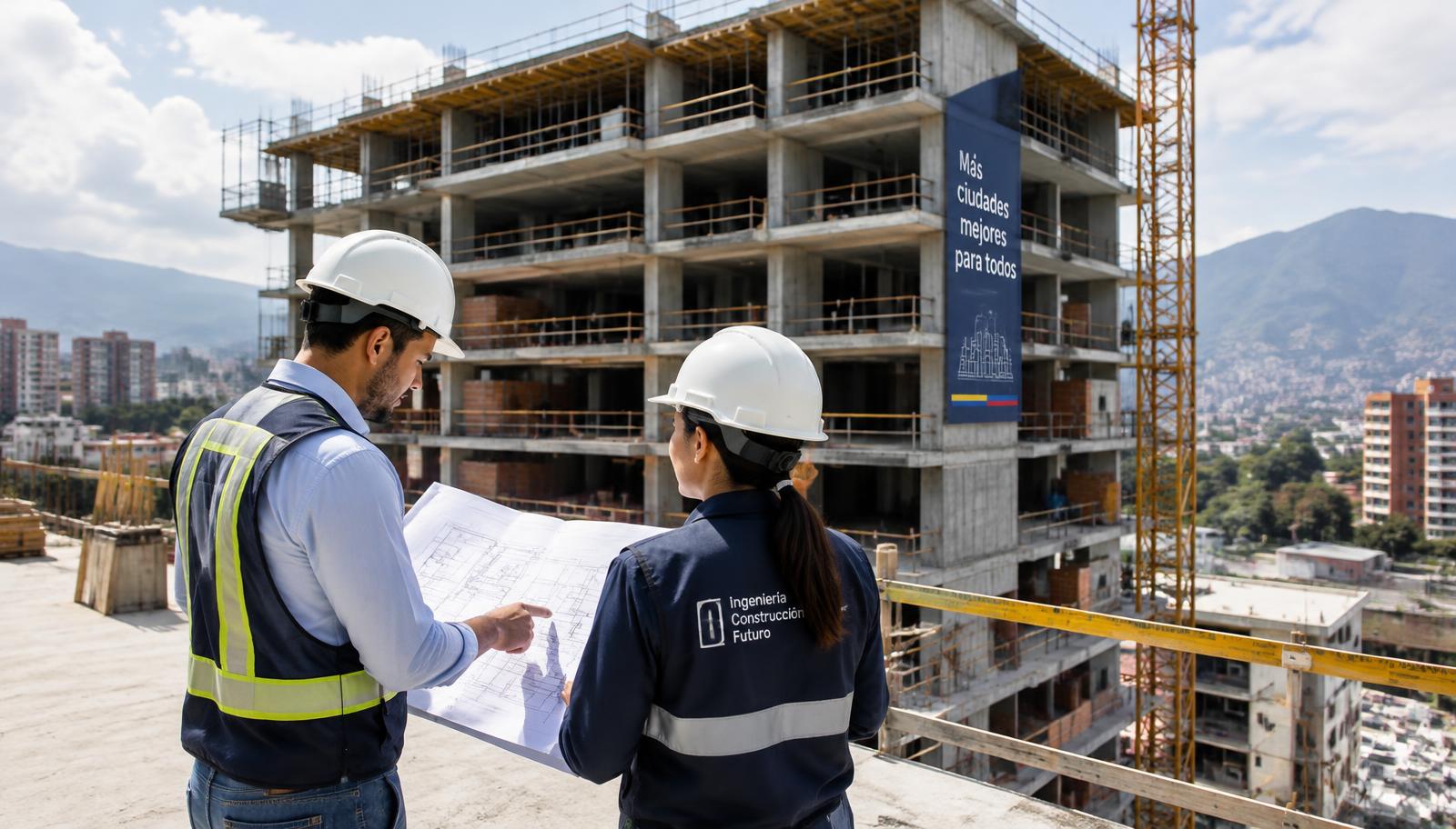 Ingenieros revisando planos en una obra de construcción